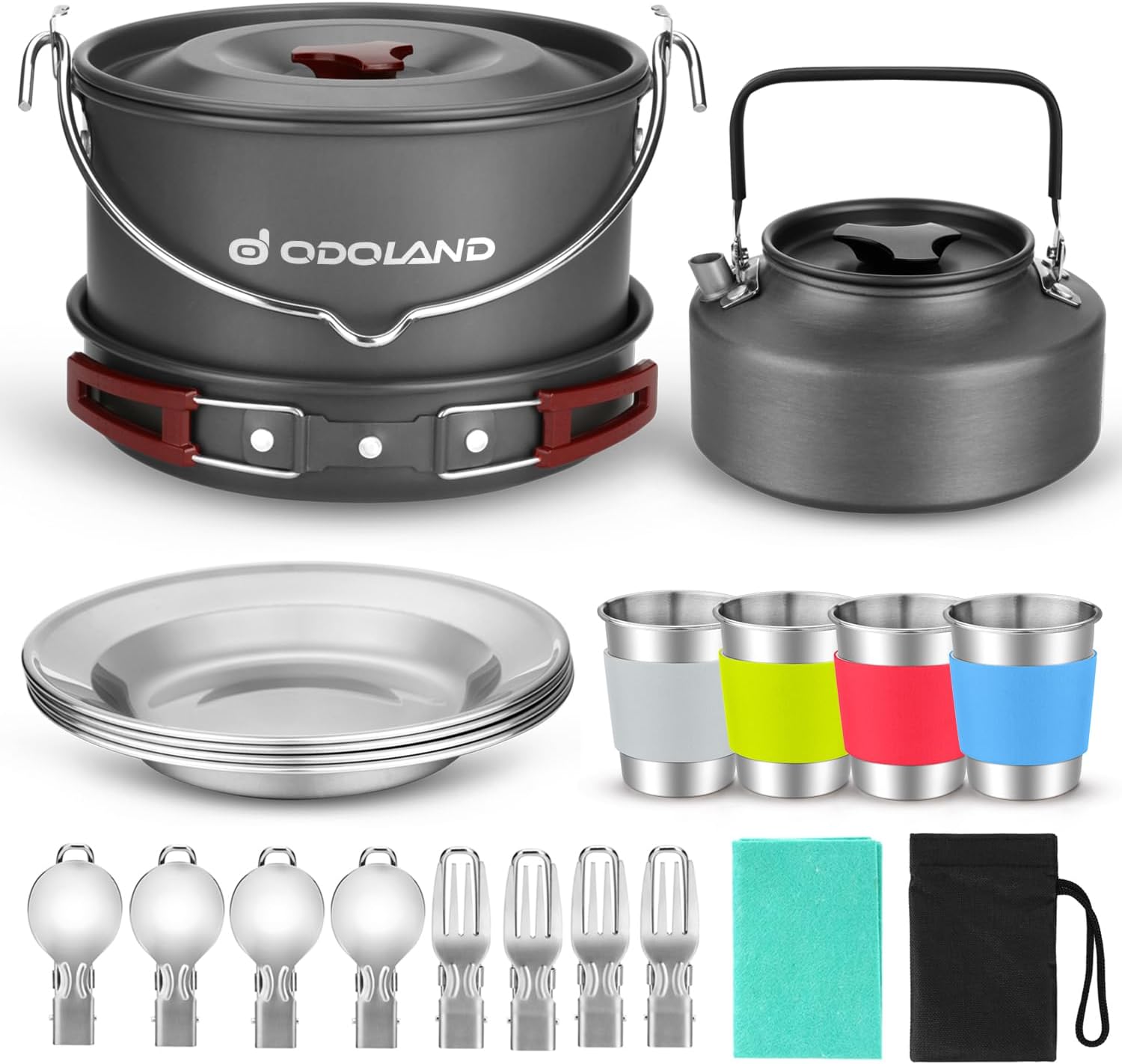 Odoland Camping Geschirr Set, Kochgeschirr für Outdoor Kochen für Camping, Rucksacktourismus, Kochen im Freien und Picknick